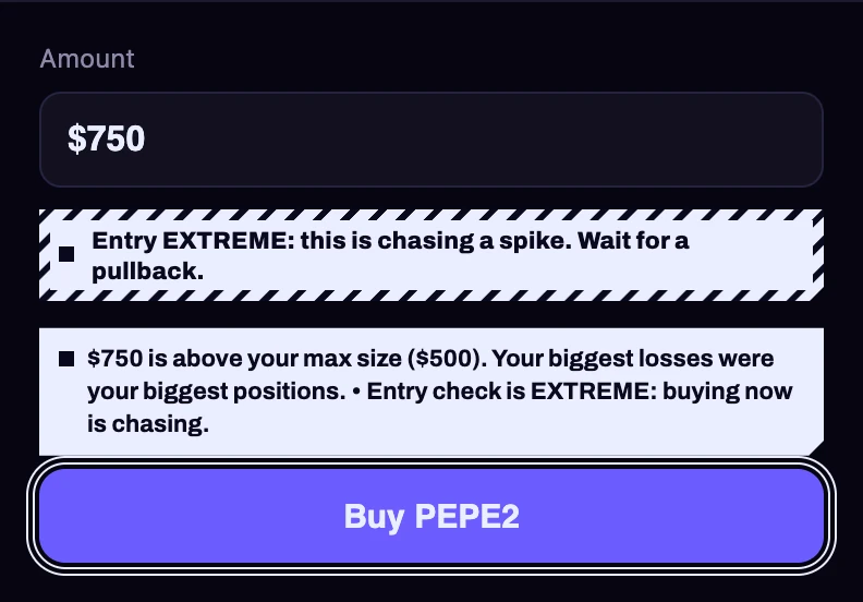 MOFO warning above the buy button: entry extreme and over max size
